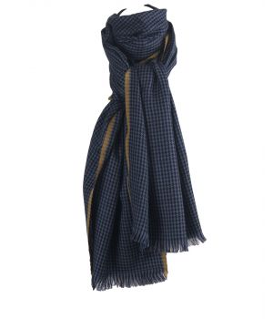 Jeansblauwe wollen sjaal met geweven Pied-de-poule patroon
