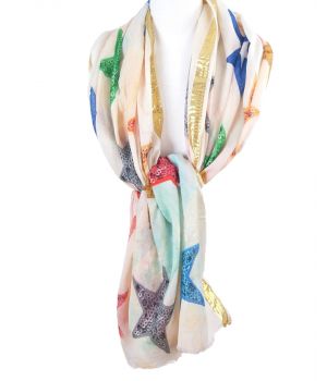 Ivoorkleurige katoenen sjaal met fotoprint van sterren