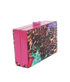 Roze box clutch met multicolor panterprint