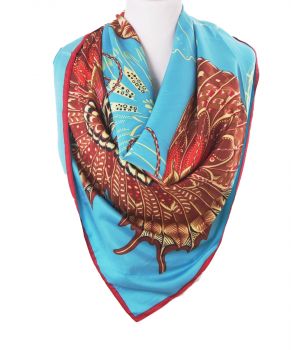 Vierkante turquoise sjaal van twill geweven zijde met vlinderprint