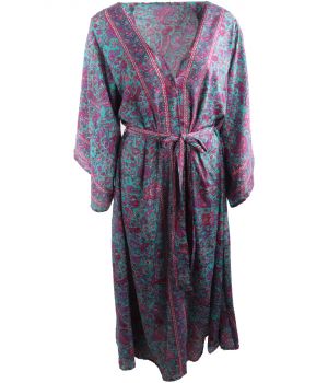Lange kimono in turquoise met paars