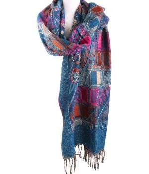 Pashmina sjaal/omslagdoek in donker-turquoise met geweven bloemen