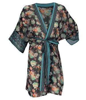 Zwarte voile kimono met bloemenprint