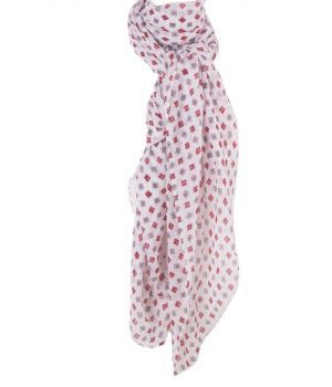 Witte sjaal met fijn stropdasprintje in rood - grijs