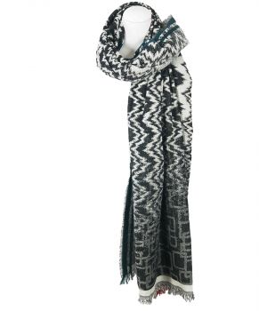 Wol-blend sjaal met zigzag patroon in zwart en ecru