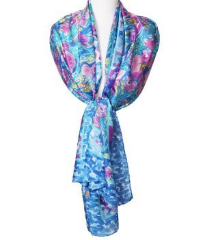 Zijde-blend sjaal in blauw met bloemenprint 