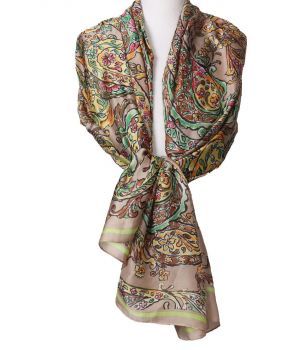 Zijde-blend sjaal in taupe met paisley print 
