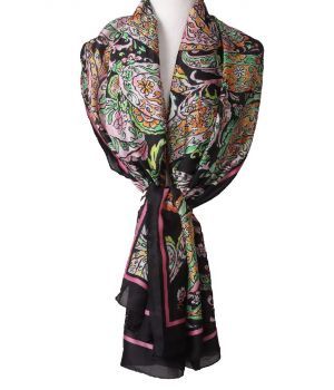 Zijde-blend sjaal in zwart met paisley print 