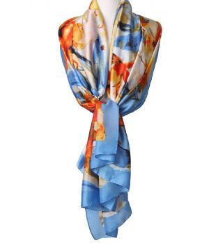 Zijde-blend sjaal met aquarel bloemenprint in hemelsblauw