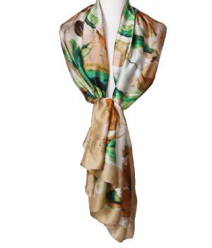 Zijde-blend sjaal met aquarel bloemenprint in goud en groen