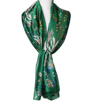 Zijde blend sjaal in groen met geïllustreerde bloemenprint