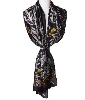 Zijde blend sjaal in zwart met geïllustreerde bloemenprint