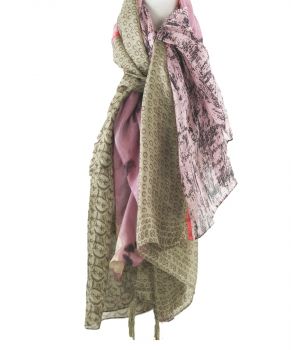 Luchtige zijden sjaal in tinten khaki-beige en roze