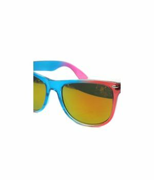 Trendy blauw/roze wayfarer-type zonnebril met spiegelglazen