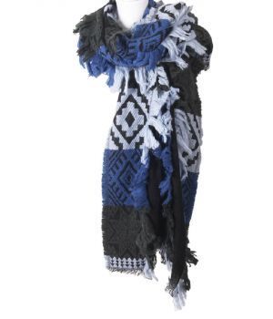 Zwarte omslagdoek/sjaal met geborduurde azteken patroon