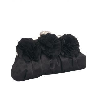 Zwarte satijnen uitgaanstasje met op de voorkant 3 rozen