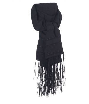 Zwarte sjaal met ingeweven strepen en franjes