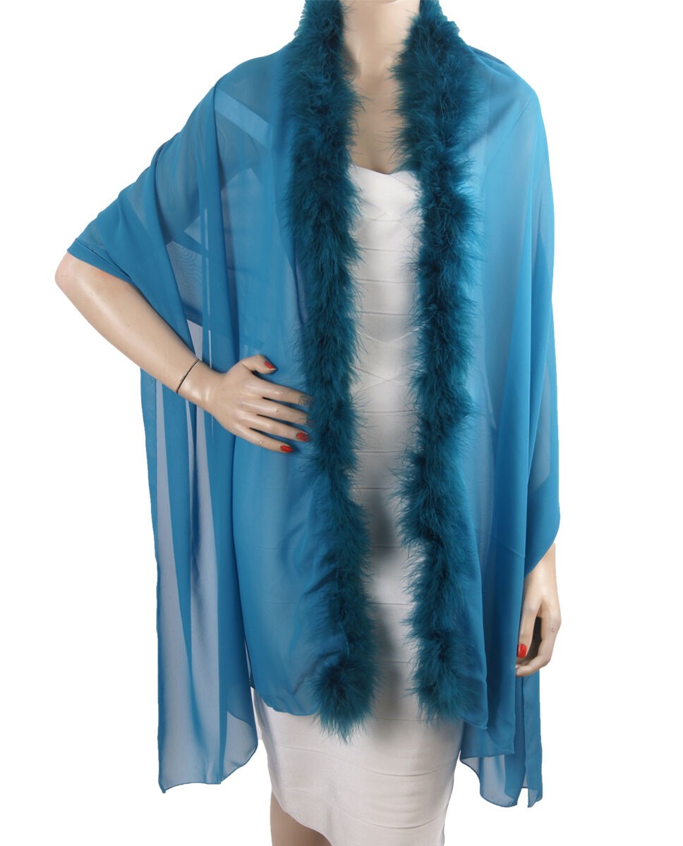 Donker Turquoise Crepe Voile Stola Met Maraboe Veren Rand huismerk kopen in de aanbieding