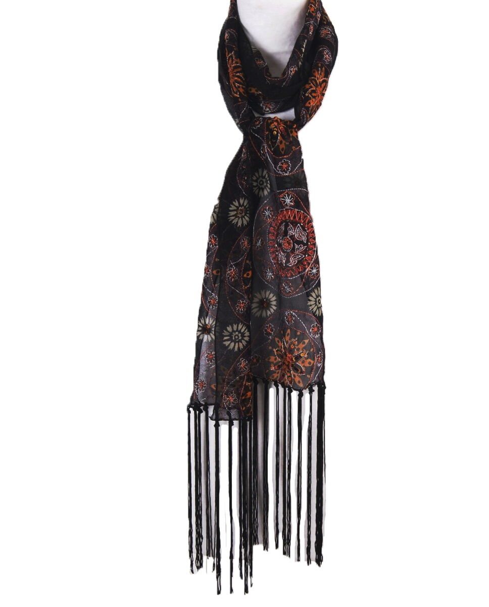 Zwarte crêpe sjaal met metallic-garen en pailletten
