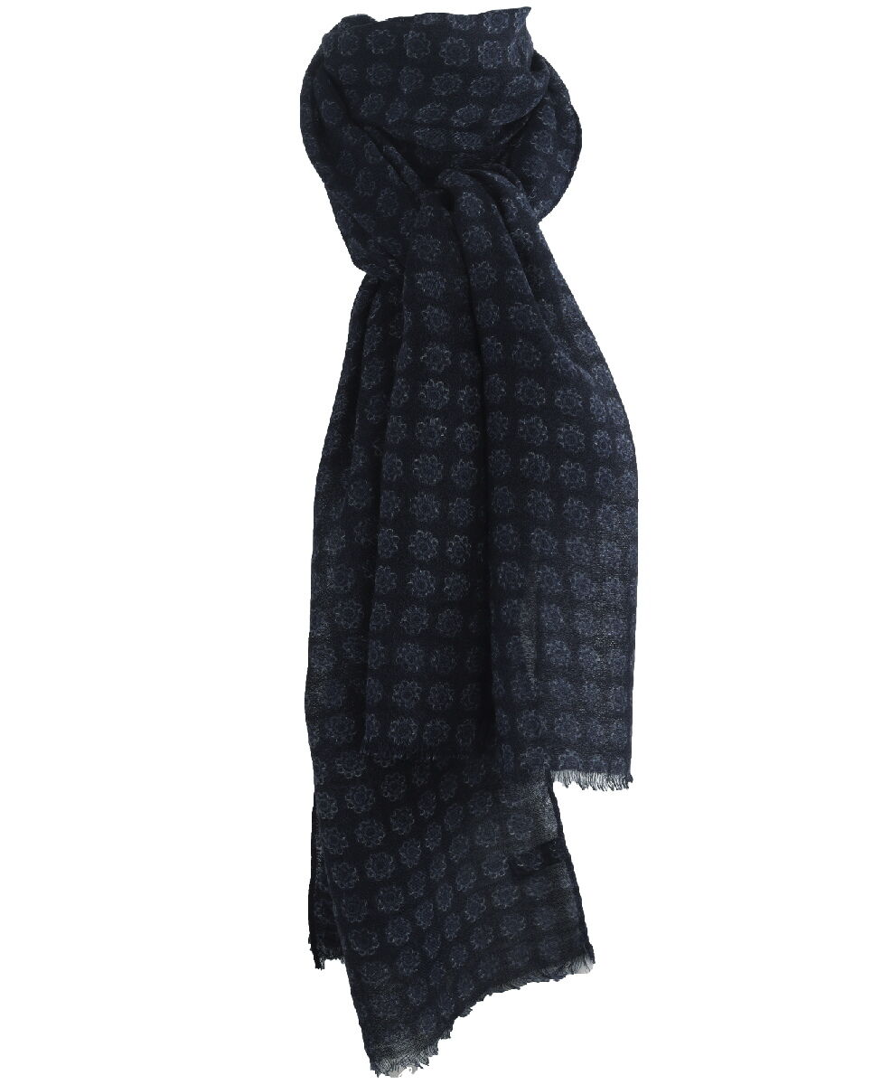 Luchtige donkerblauwe wollen mousseline sjaal met ornament print