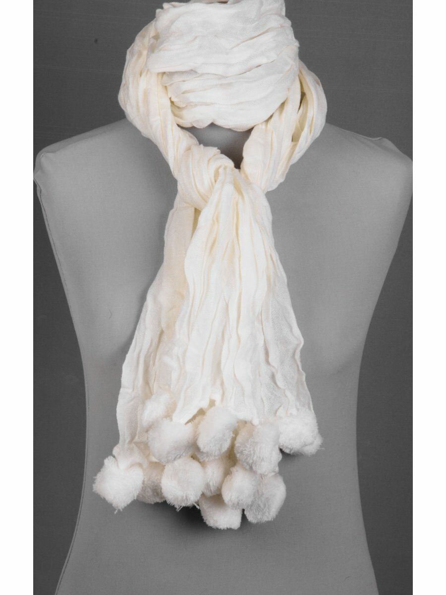 Crushed Wolwitte Pompon Sjaal huismerk kopen in de aanbieding