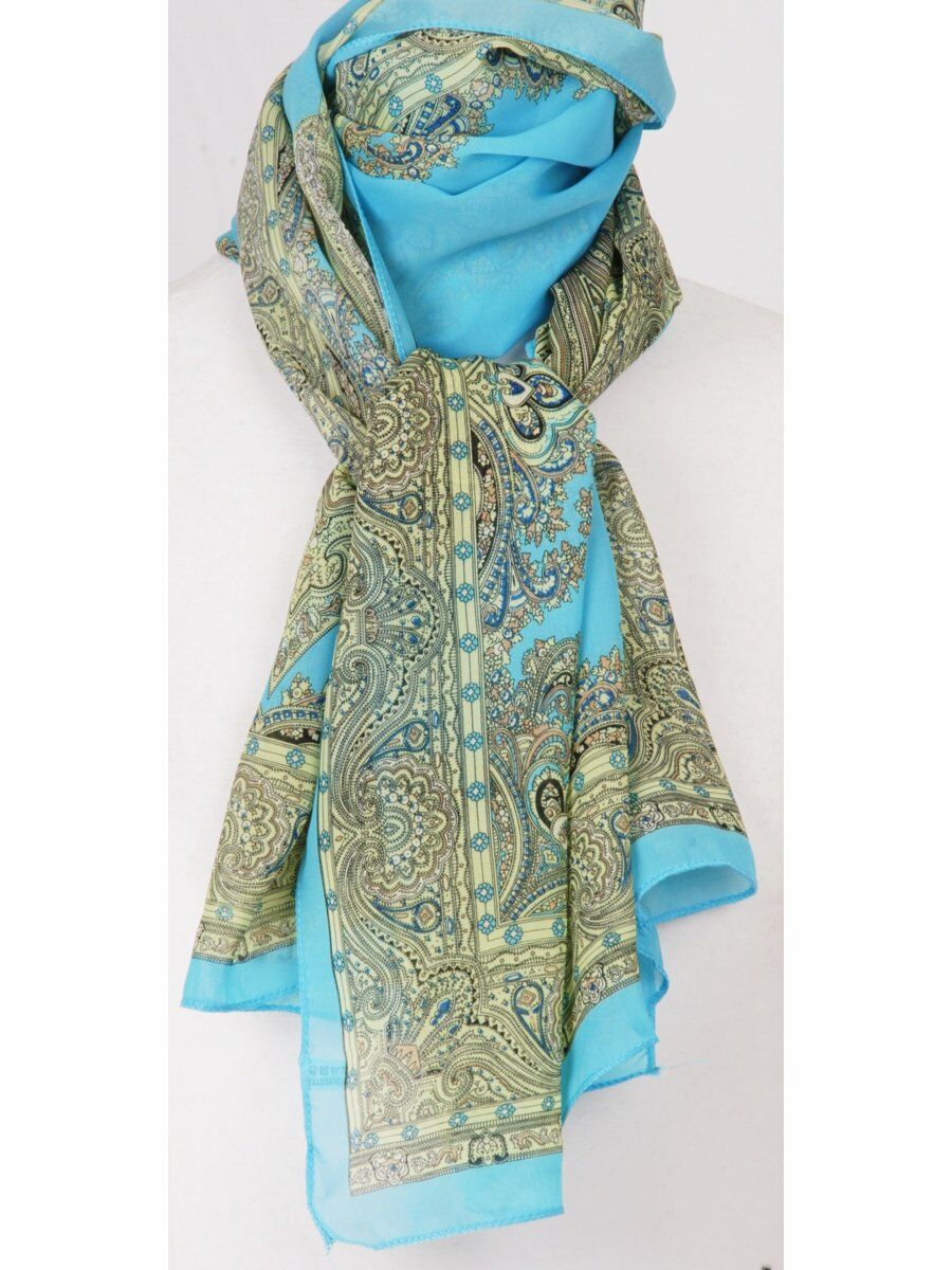 Turquoise Blauwe Crepe Voile Sjaal Met Ornamentale Print huismerk kopen in de aanbieding Turquoise Blauwe Crepe Voile Sjaal Met Ornamentale Print huismerk kopen in de aanbieding