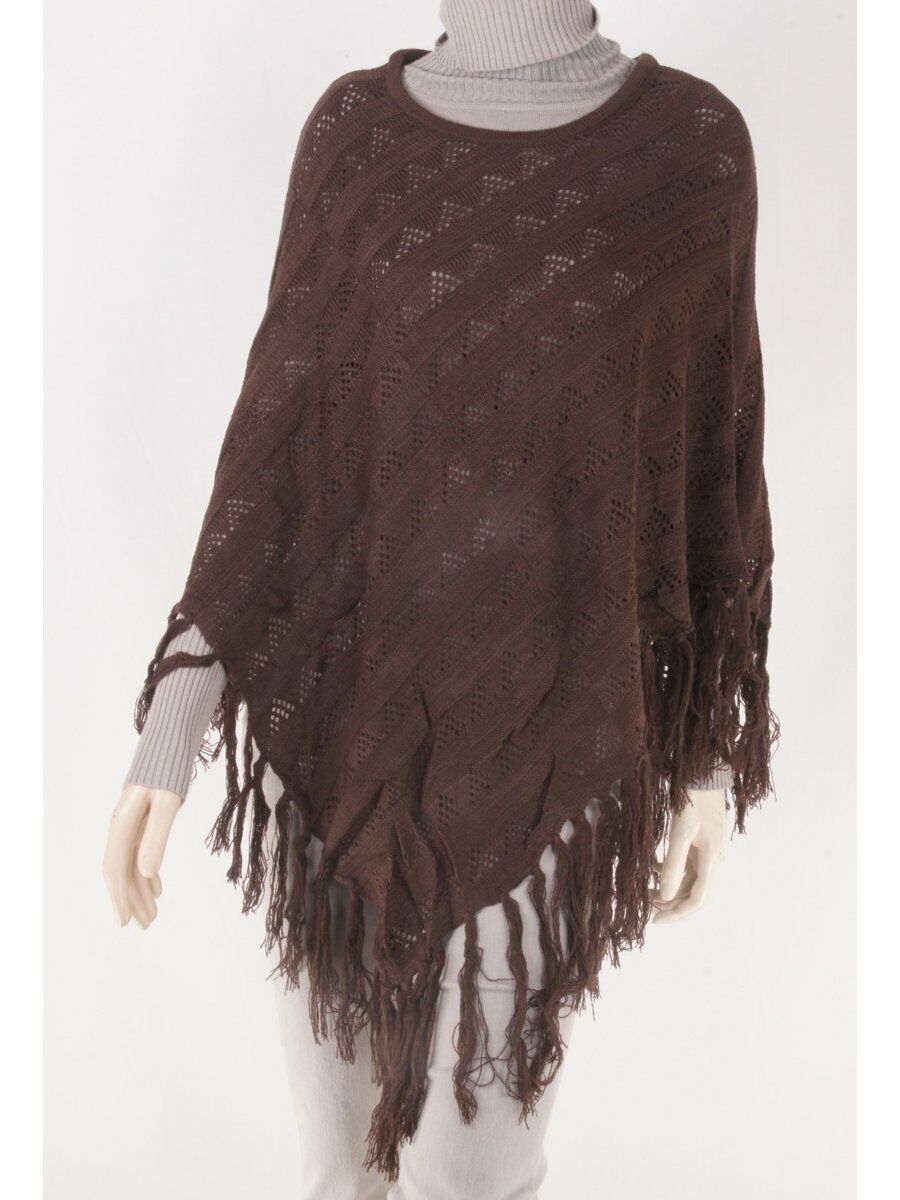 Bruine Ajour Gebreide Poncho Met Franjes huismerk kopen in de aanbieding Bruine Ajour Gebreide Poncho Met Franjes huismerk kopen in de aanbieding