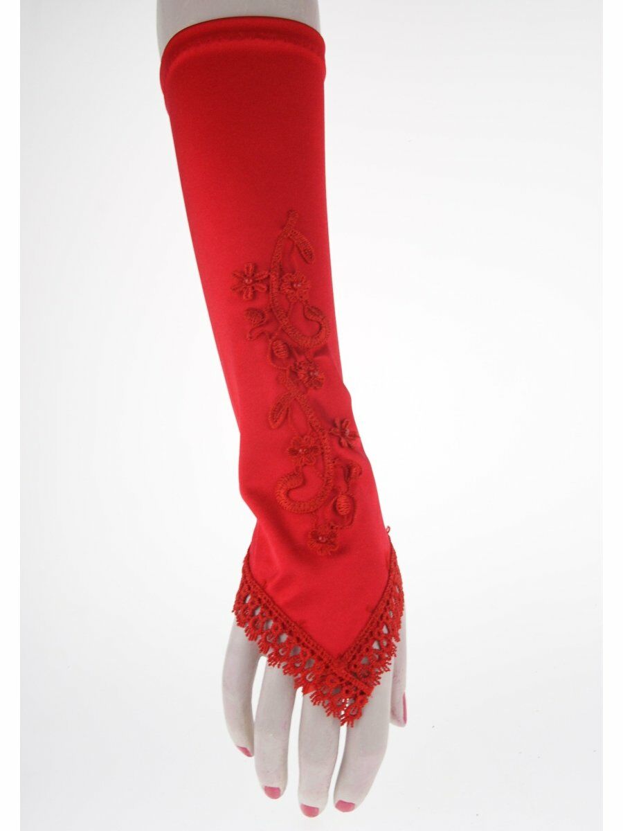 Rode Vingerloze Gala Avondhandschoenen Met Kant Glaskraaltjes huismerk kopen in de aanbieding