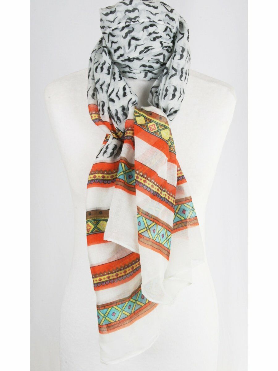 Zwartwitte Moustache Sjaal Met Multicolor Tribal Sierrand huismerk kopen in de aanbieding