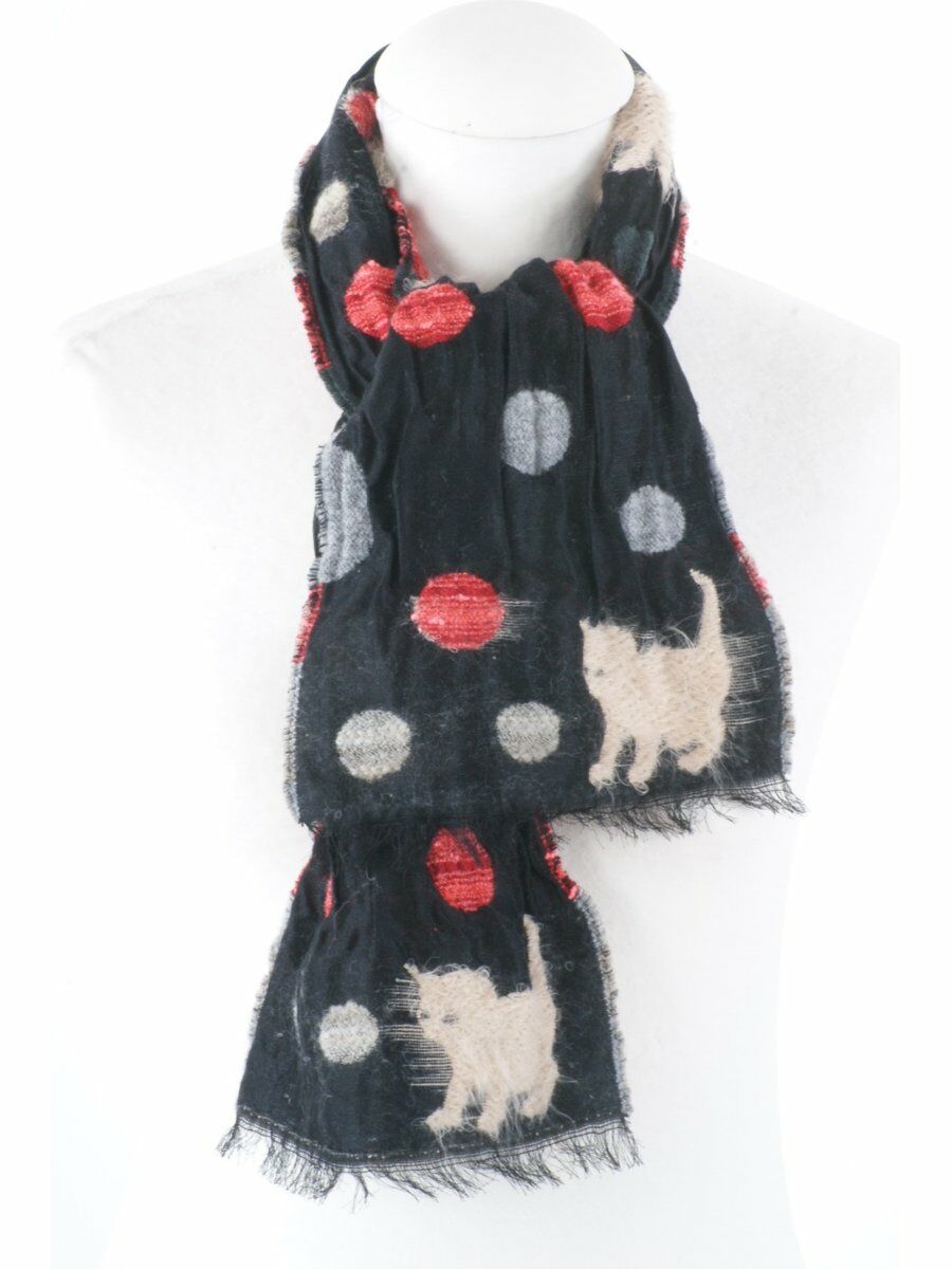 Exclusive Korte Zwarte Sjaal Met Ingeweven Katjes En Stippen huismerk kopen in de aanbieding