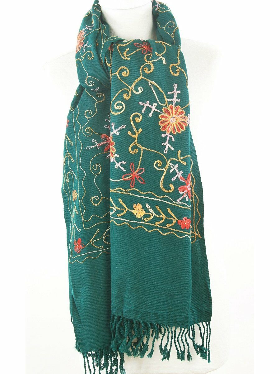 Geborduurde petrolkleurige Pashmina sjaal