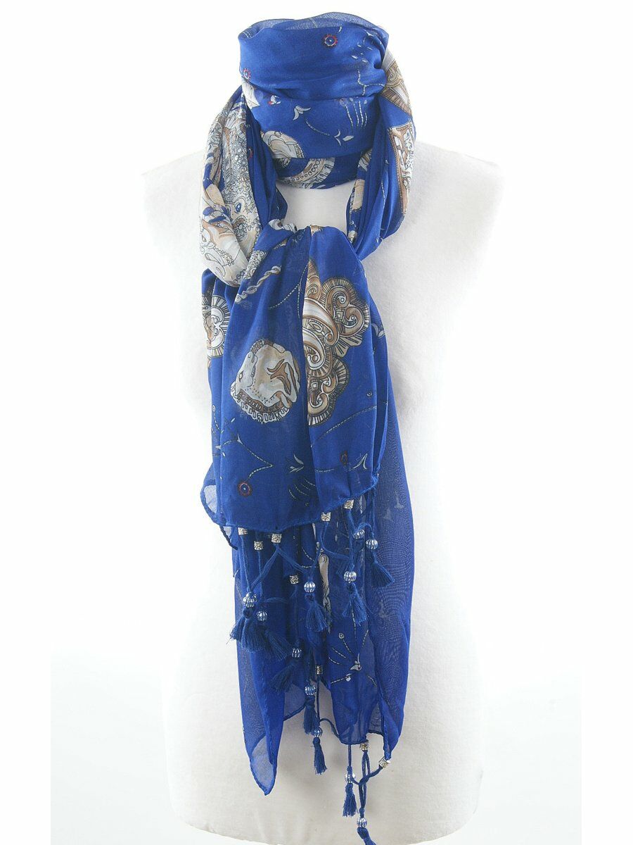 Grote Kobaltblauwe Sjaal Met Beige Paarden Thema Print huismerk kopen in de aanbieding