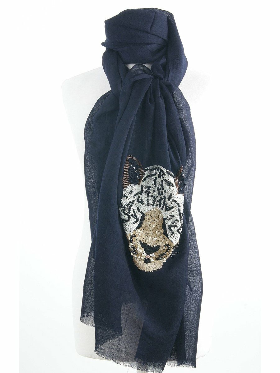 Donkerblauwe Merino Wollen Sjaal Met Geborduurde Tijgerkop huismerk kopen in de aanbieding