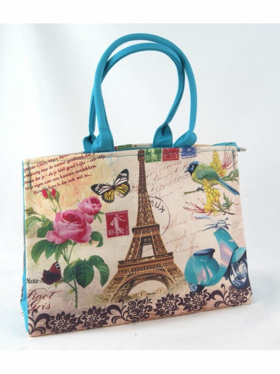 Turquoise Canvas Tas Met Parijs Postcard Print huismerk kopen in de aanbieding