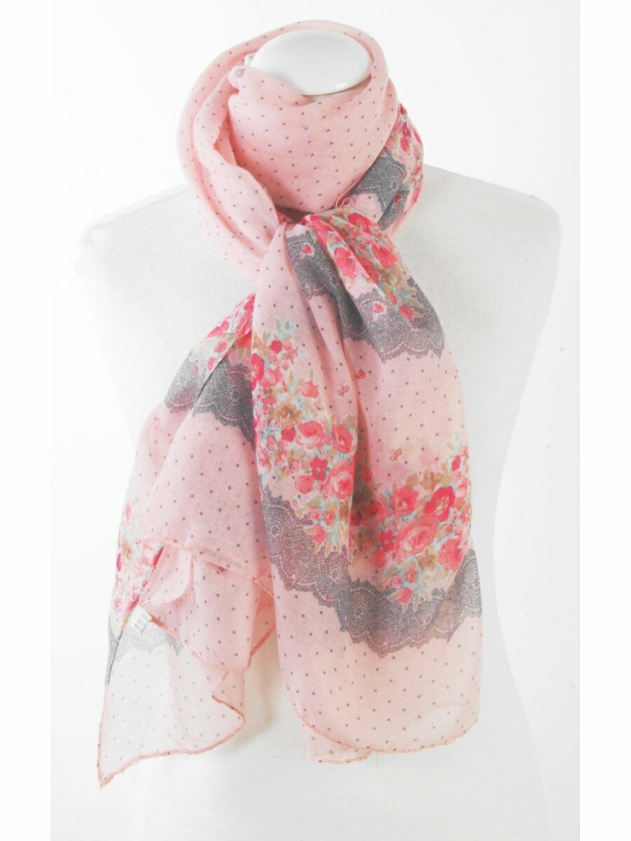 Trendy Roze Zomersjaal Met Stippen En Bloemenprint huismerk kopen in de aanbieding