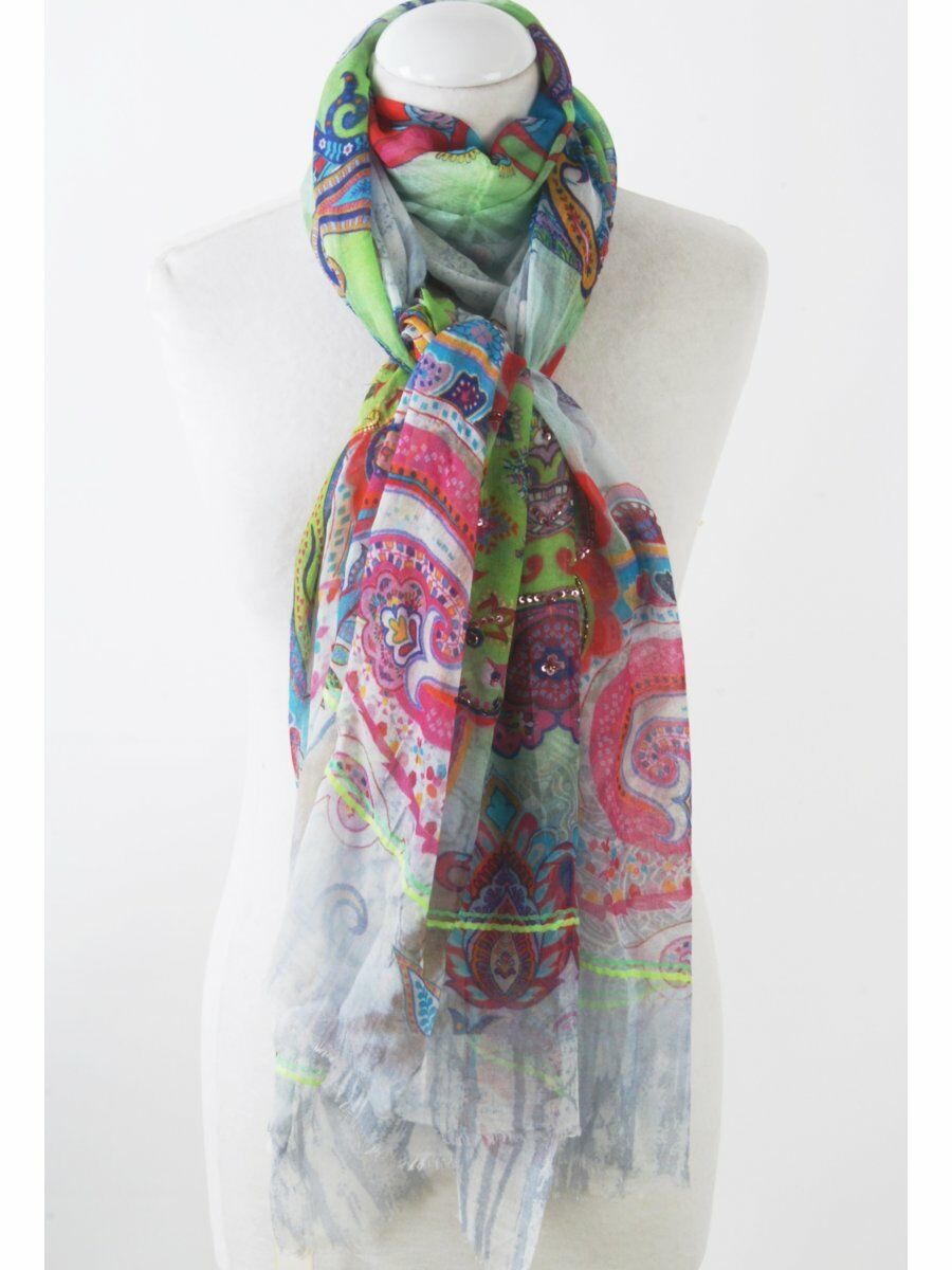 Luxe Blauw Grijs Witte Stroke Sjaal Met Multicolor Print huismerk kopen in de aanbieding