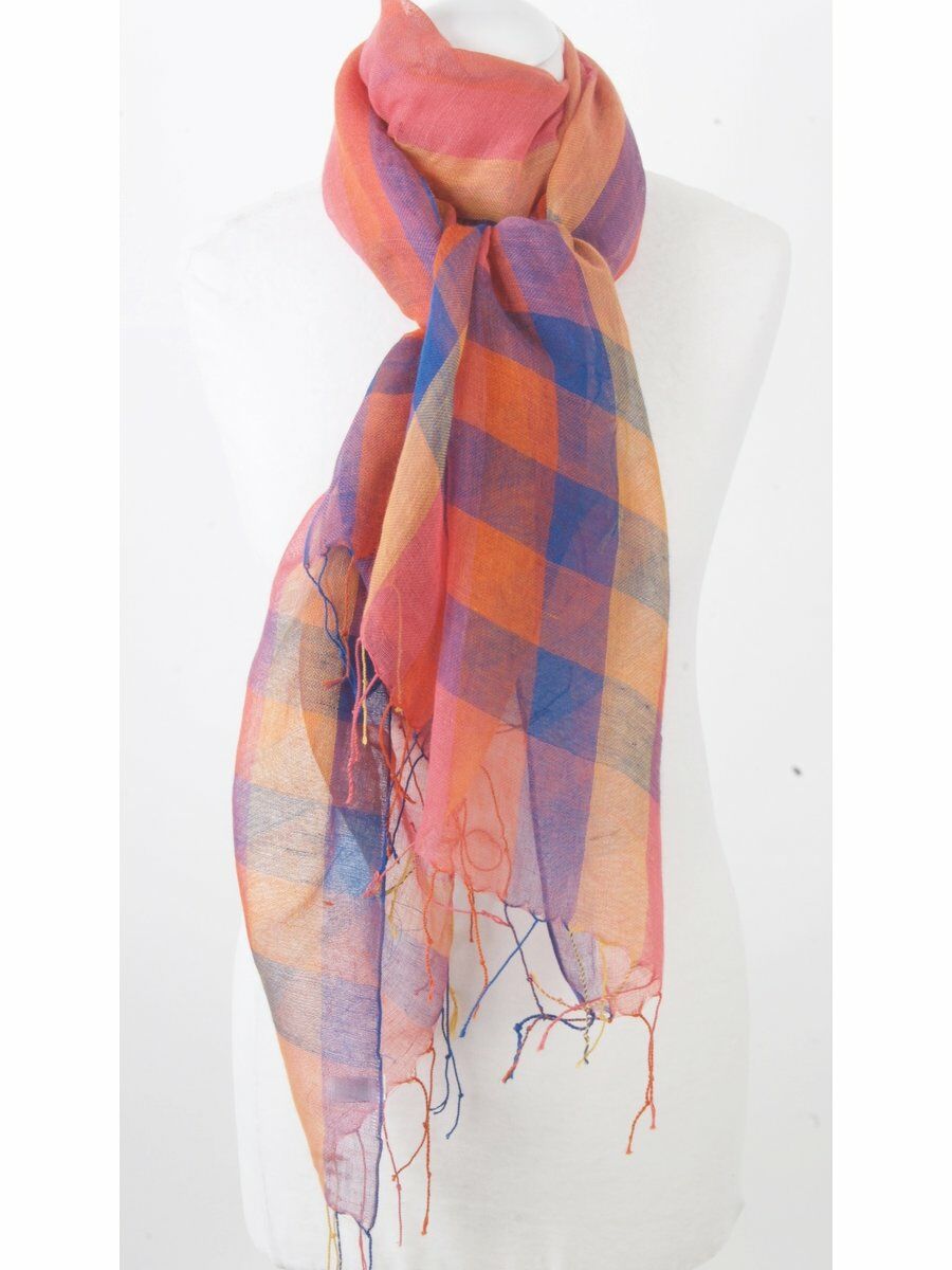 Linnenblend Sjaal In Oranje Met Kobaltblauw huismerk kopen in de aanbieding