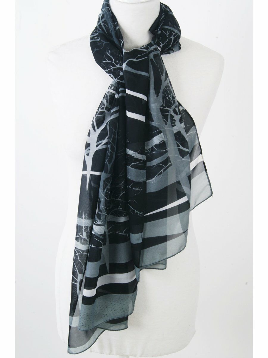 Zwart Grijs Witte Crepe Voile Sjaal Met Bomenprint huismerk kopen in de aanbieding Zwart Grijs Witte Crepe Voile Sjaal Met Bomenprint huismerk kopen in de aanbieding