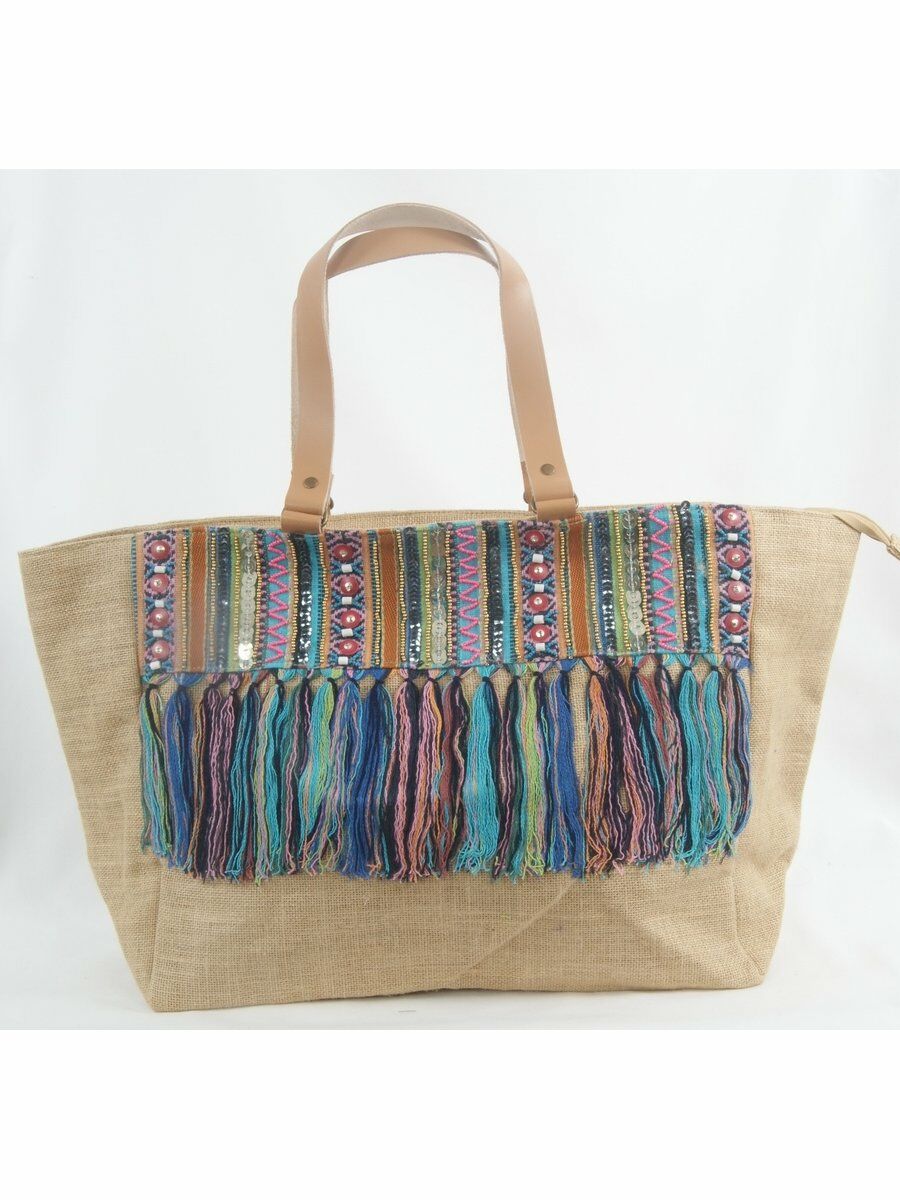 Strandtas Van Naturel Jute Met Multicolor Bovenrand huismerk kopen in de aanbieding