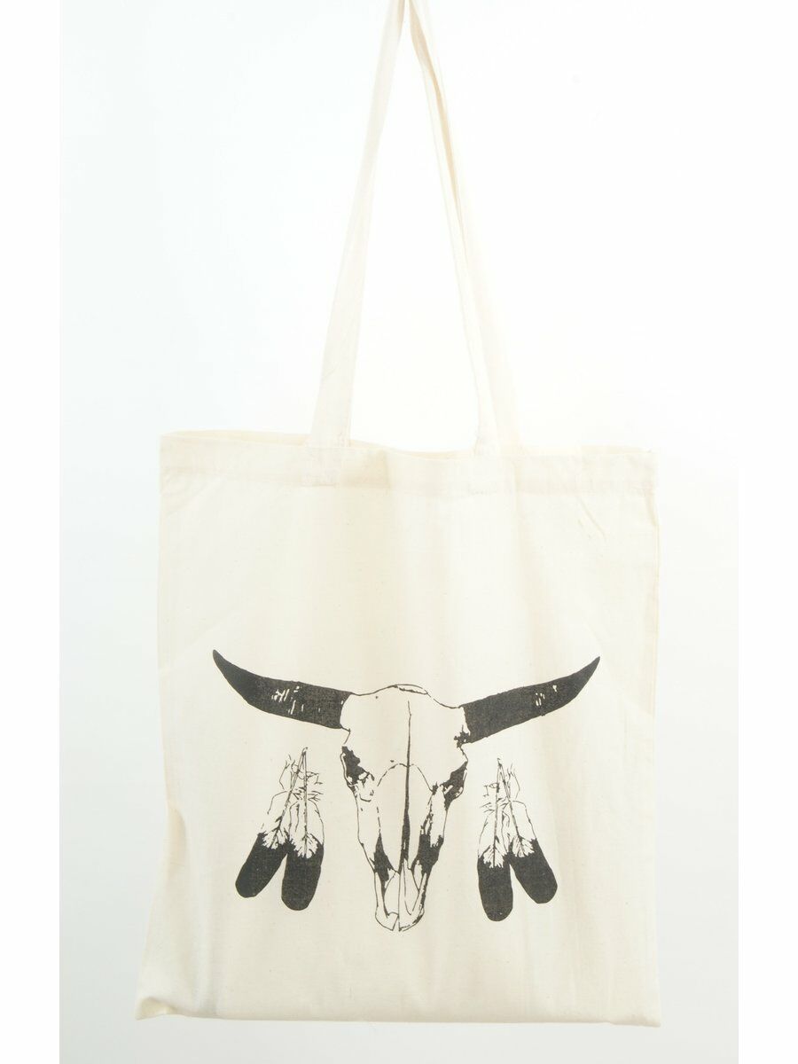 Naturel Katoenen Tas Met Ossen Skull En Veren huismerk kopen in de aanbieding