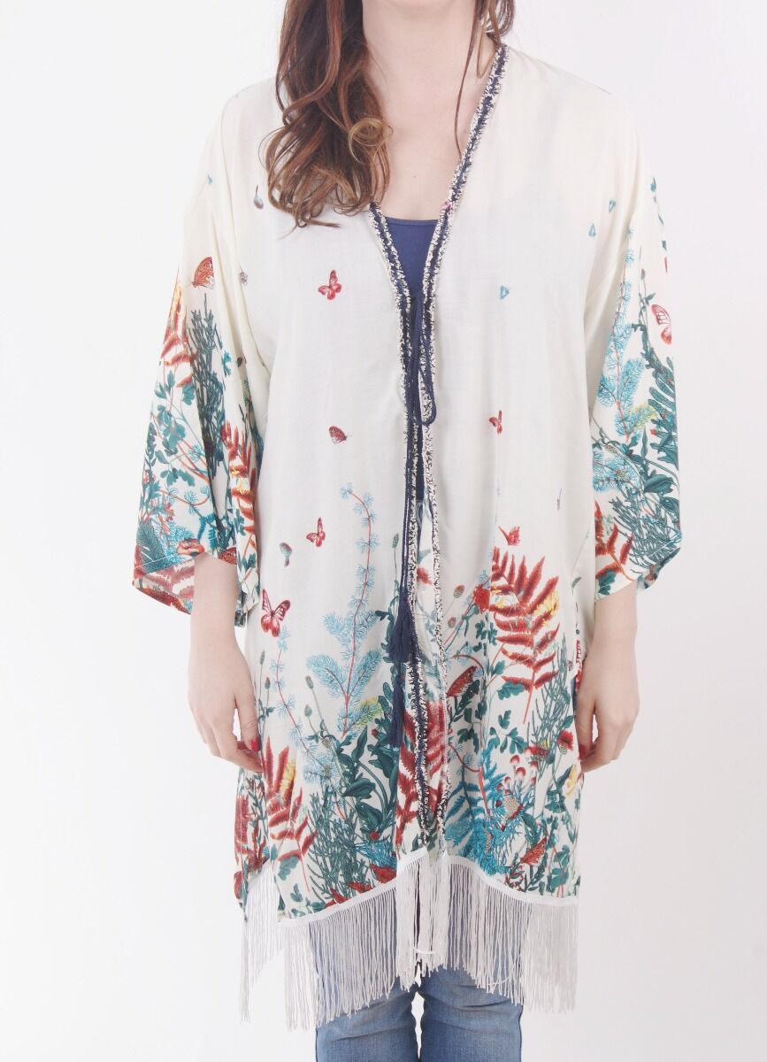 Ivoorkleurige Kimono Met Driekwart Mouw En Cognac Petrol Print huismerk kopen in de aanbieding