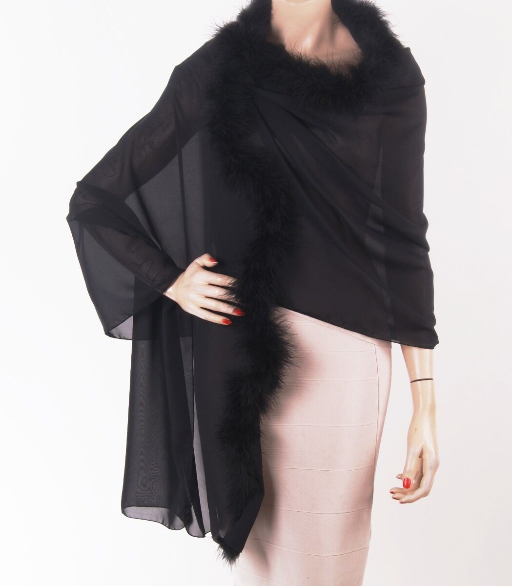 Zwarte Cape Stola Met Maraboe Veren Rand huismerk kopen in de aanbieding