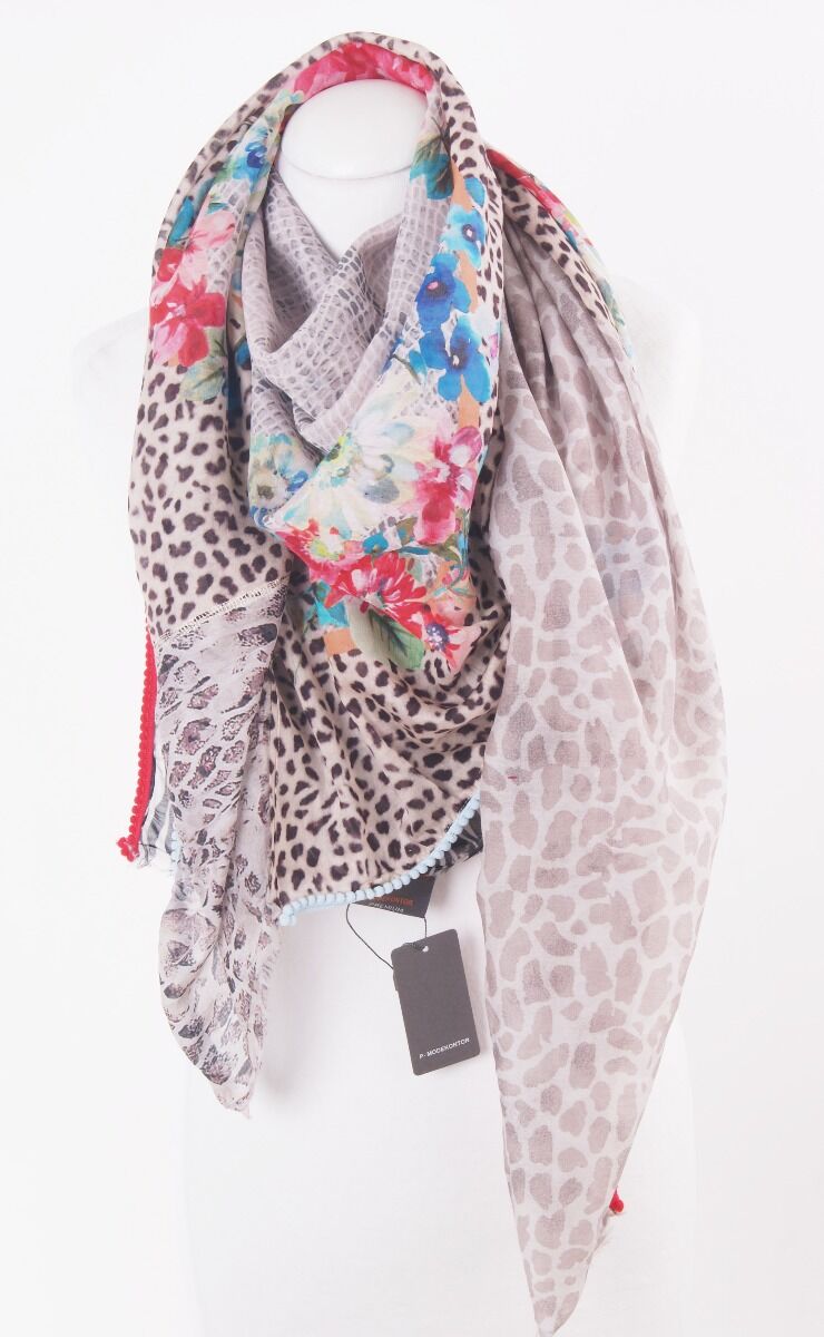 Grote Katoen Zijdeblend Patchwork Sjaal In Multicolor En Beige huismerk kopen in de aanbieding