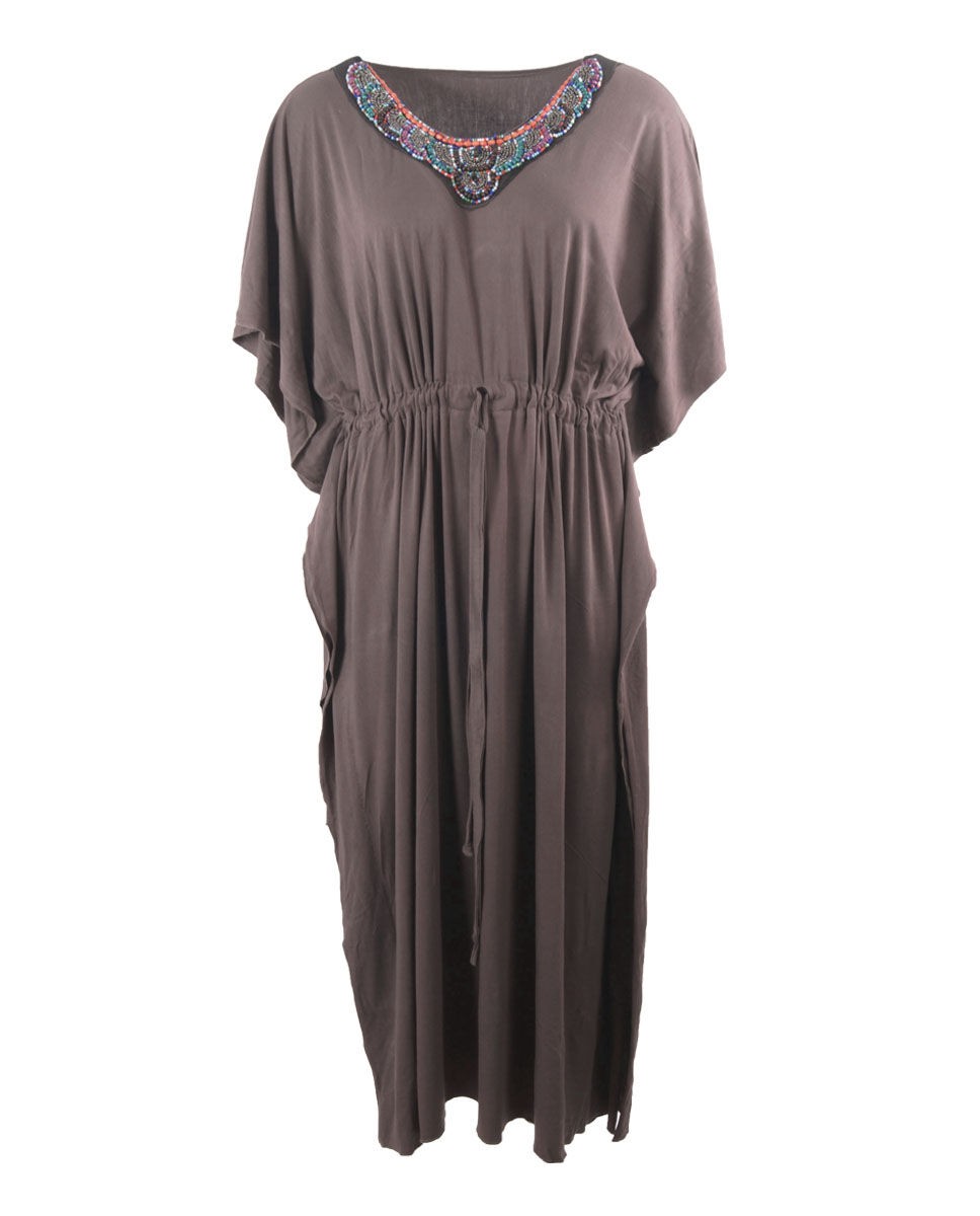 Tricot Kaftan In Taupe Met Kralen Versierde Hals huismerk kopen in de aanbieding