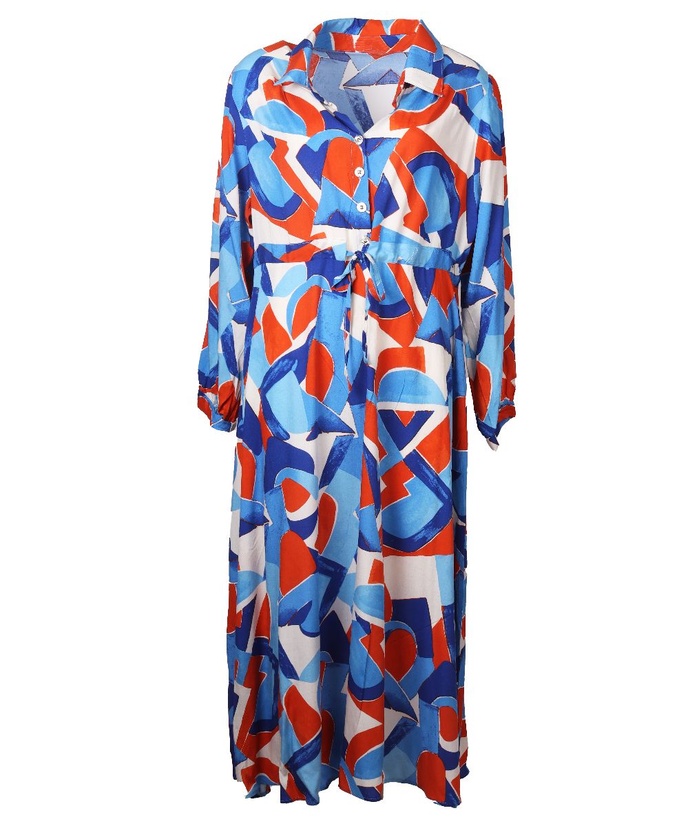 Maxi jurk met grafische print in blauw en oranje bouFFante
