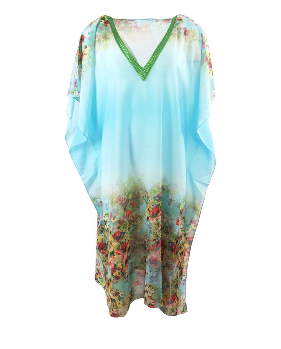 Kaftan Van Turquoise Crepe Voile Met Een Veelkleurige Bloemenrand huismerk kopen in de aanbieding Kaftan Van Turquoise Crepe Voile Met Een Veelkleurige Bloemenrand huismerk kopen in de aanbieding