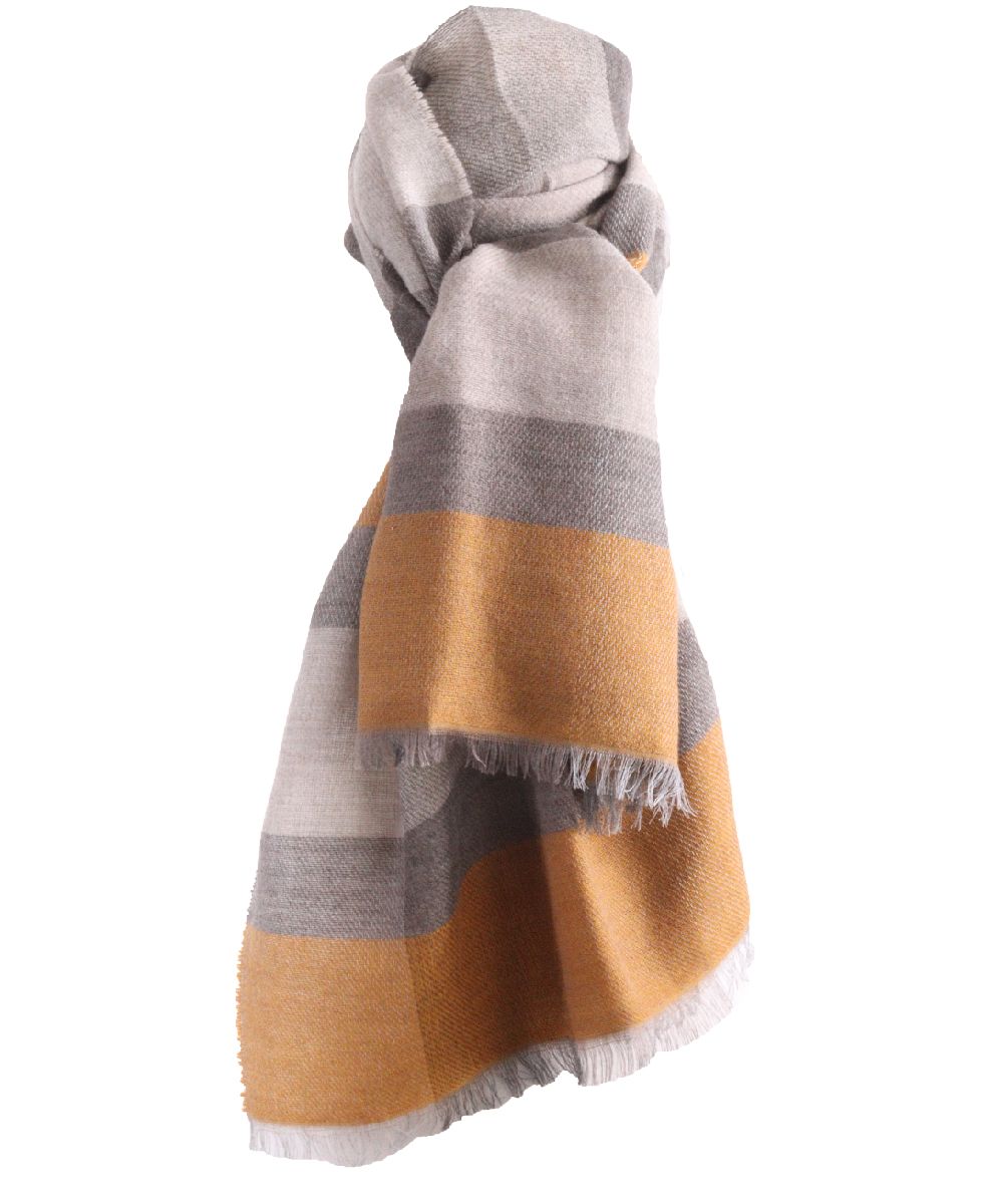 Fijn geweven sjaal met kleurvlakken in okergeel en grijs