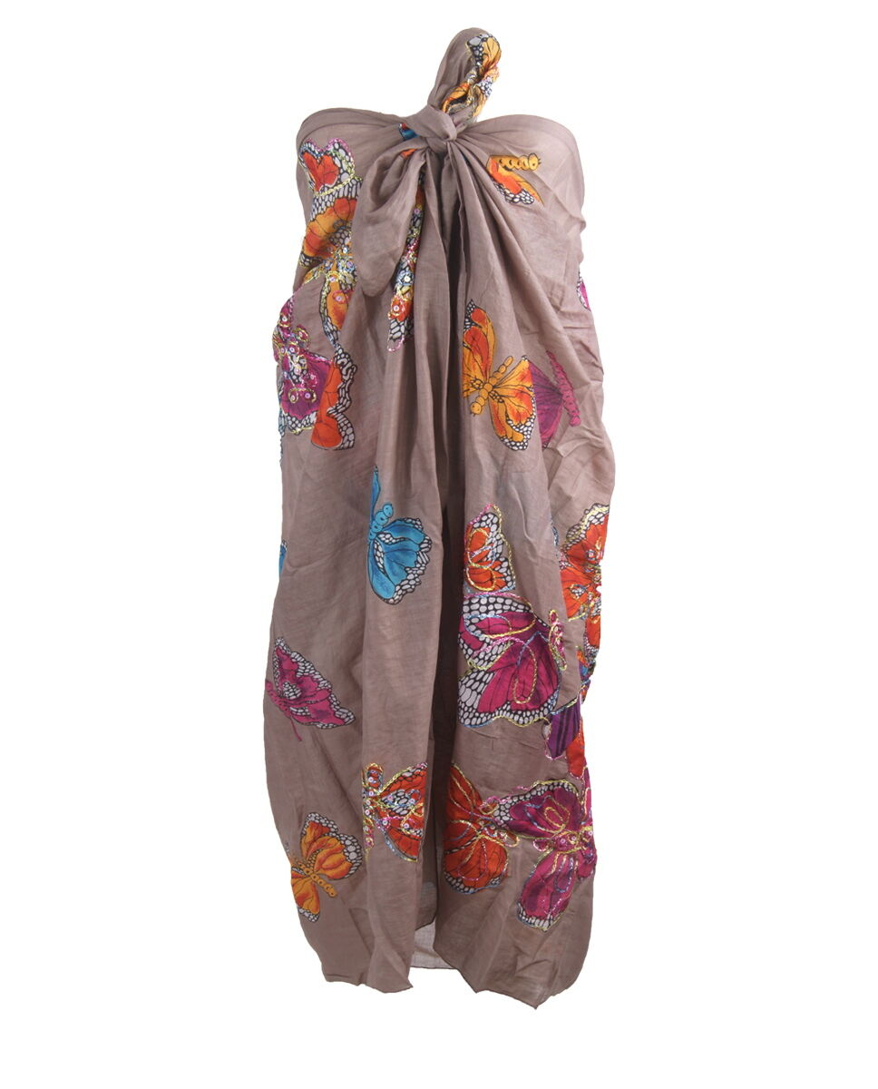 Taupekleurige Sarong Met Kleurrijke Vlinderprint huismerk kopen in de aanbieding