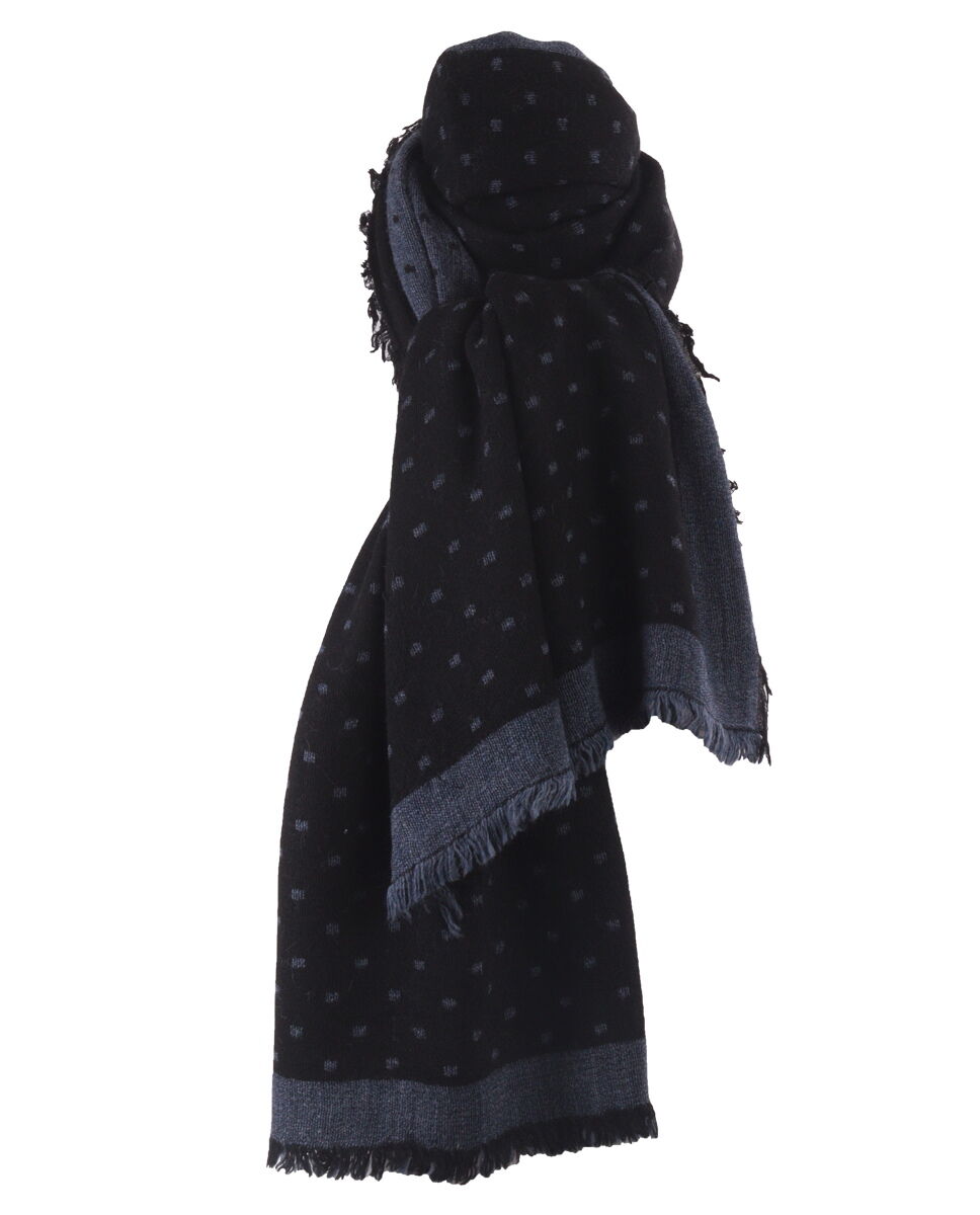 Fijn geweven sjaal in grijs met blokjes patroon in jeansblauw