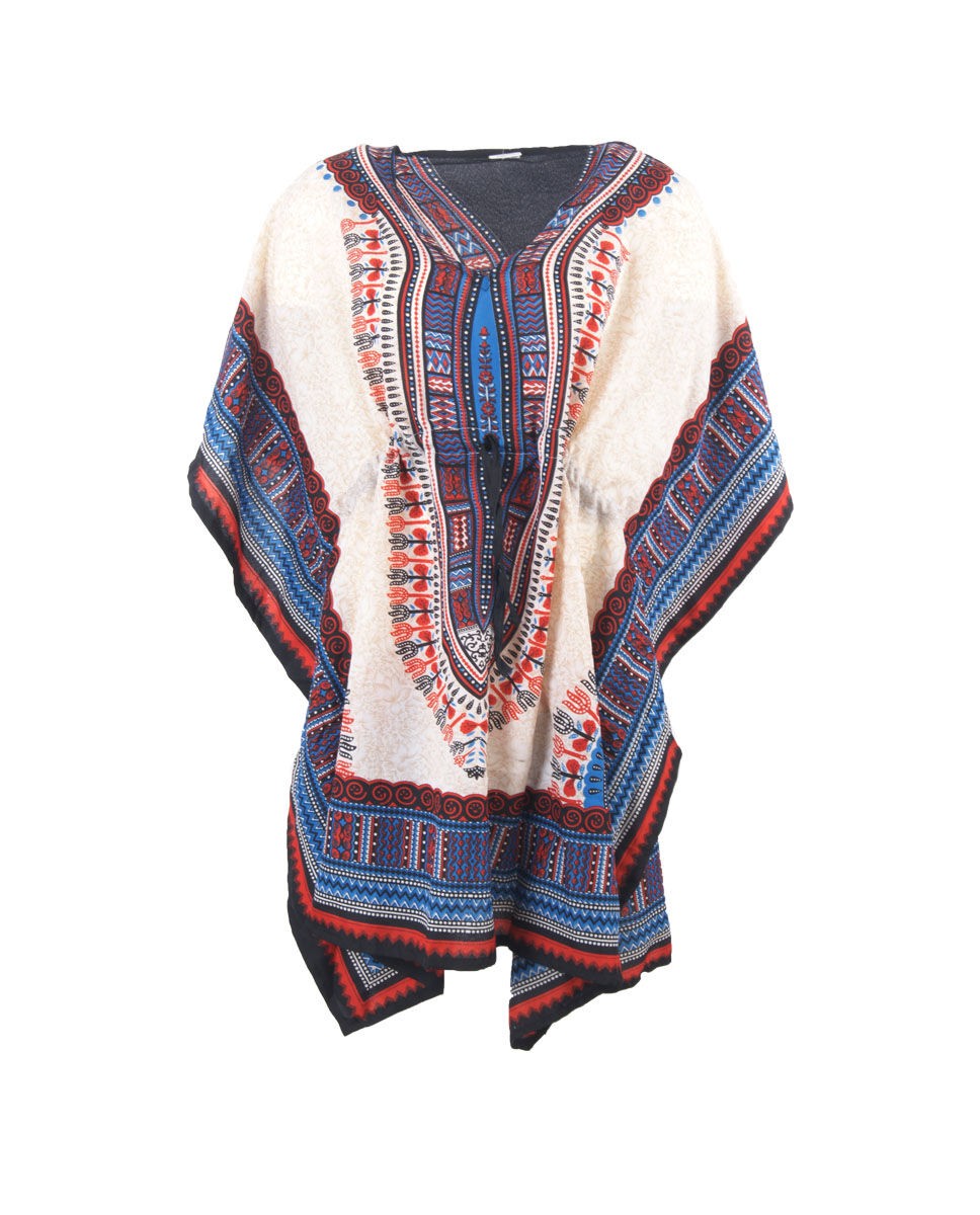 Zandkleurige V Hals Tuniek Met Roodblauwe Tribal Print huismerk kopen in de aanbieding